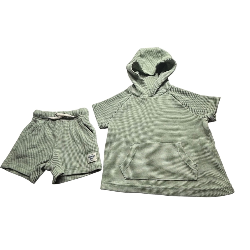 OshKosh B'gosh 18M Sage Green Waffle Knit Hooded Shorts Set 2 Piece Outfit